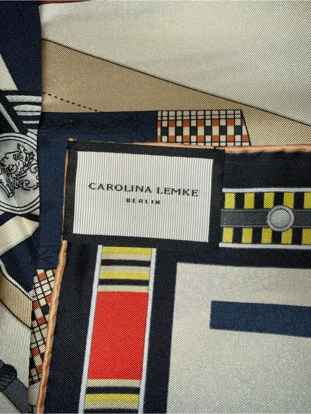 NEW Carolina Lemke Silk Equestrian Print Scarf Cream Tan Navy Western Rodeo boho